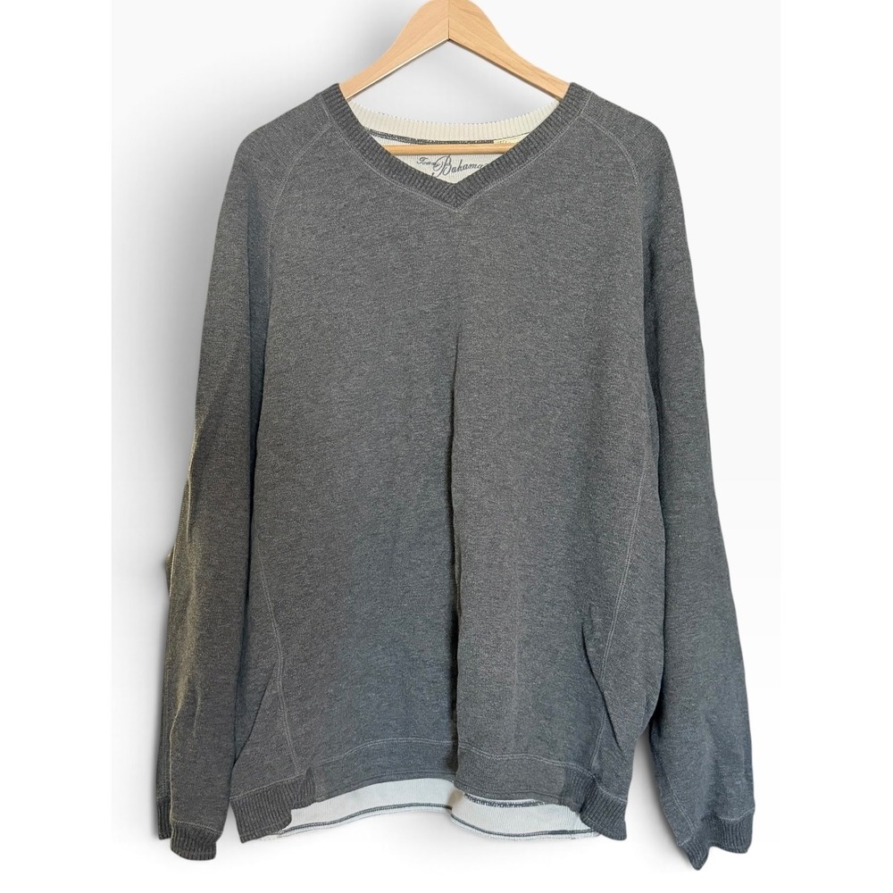 Tommy Bahama XL Flip Side Reversible V-Neck Sweater Grey Cream Cotton T20637